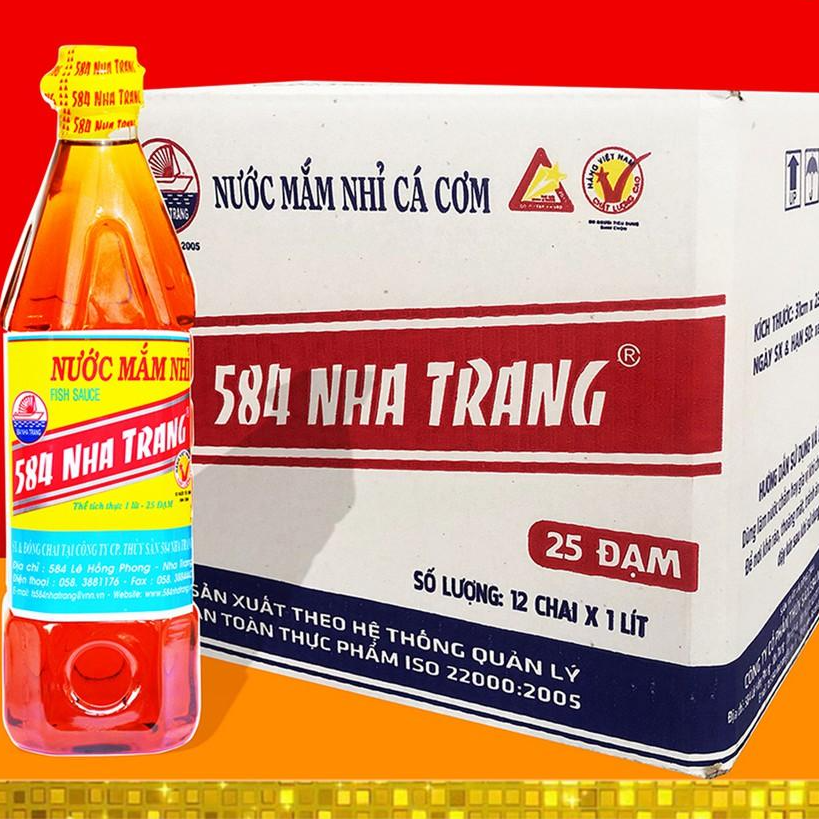 Thùng 12 chai Nước mắm Nhỉ 584 Nha Trang 25 độ đạm, Nước chấm Truyền Thống, Chai 1 Lít, Date luôn mới