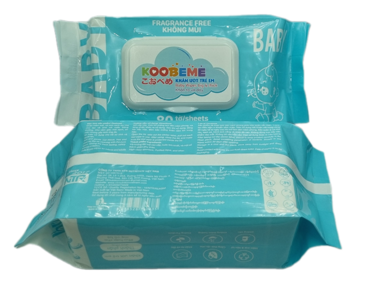 Thùng 4 gói Khăn ướt không mùi Koobeme, khăn to dày, đủ 80 tờ, 700gram, thấm nước đều vừa phải