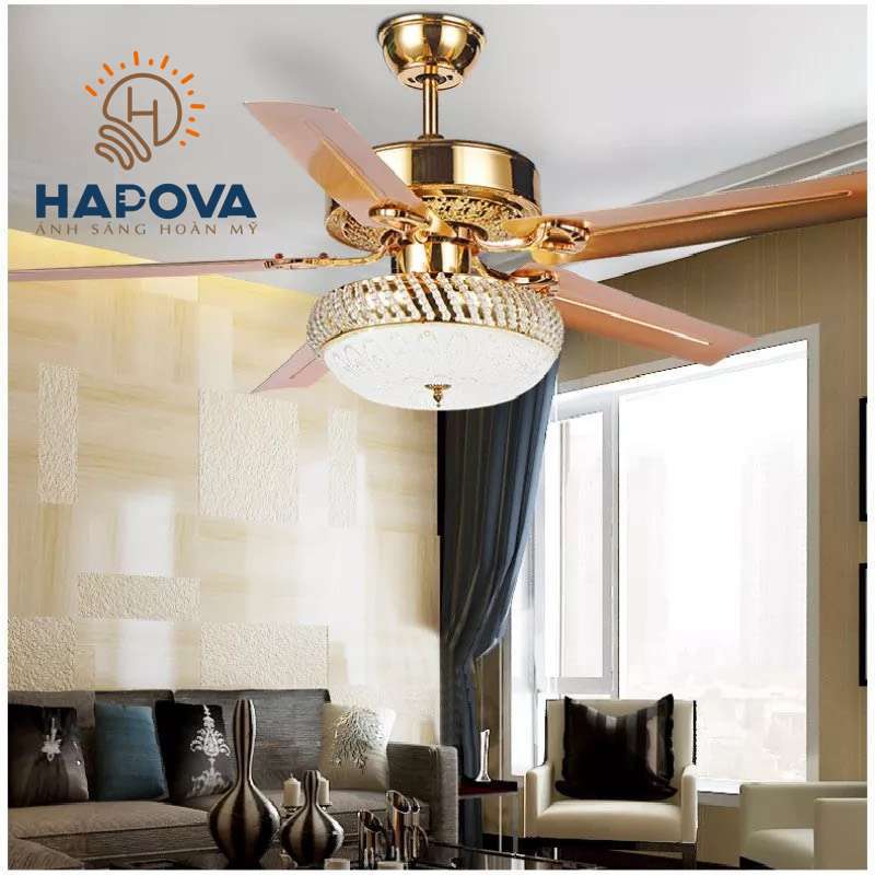 Quạt trần đèn, quạt có đèn trang trí phòng khách 5 cánh sắt HAPOVA MOGA 8070 + Tặng kèm khiển hàng chính hãng