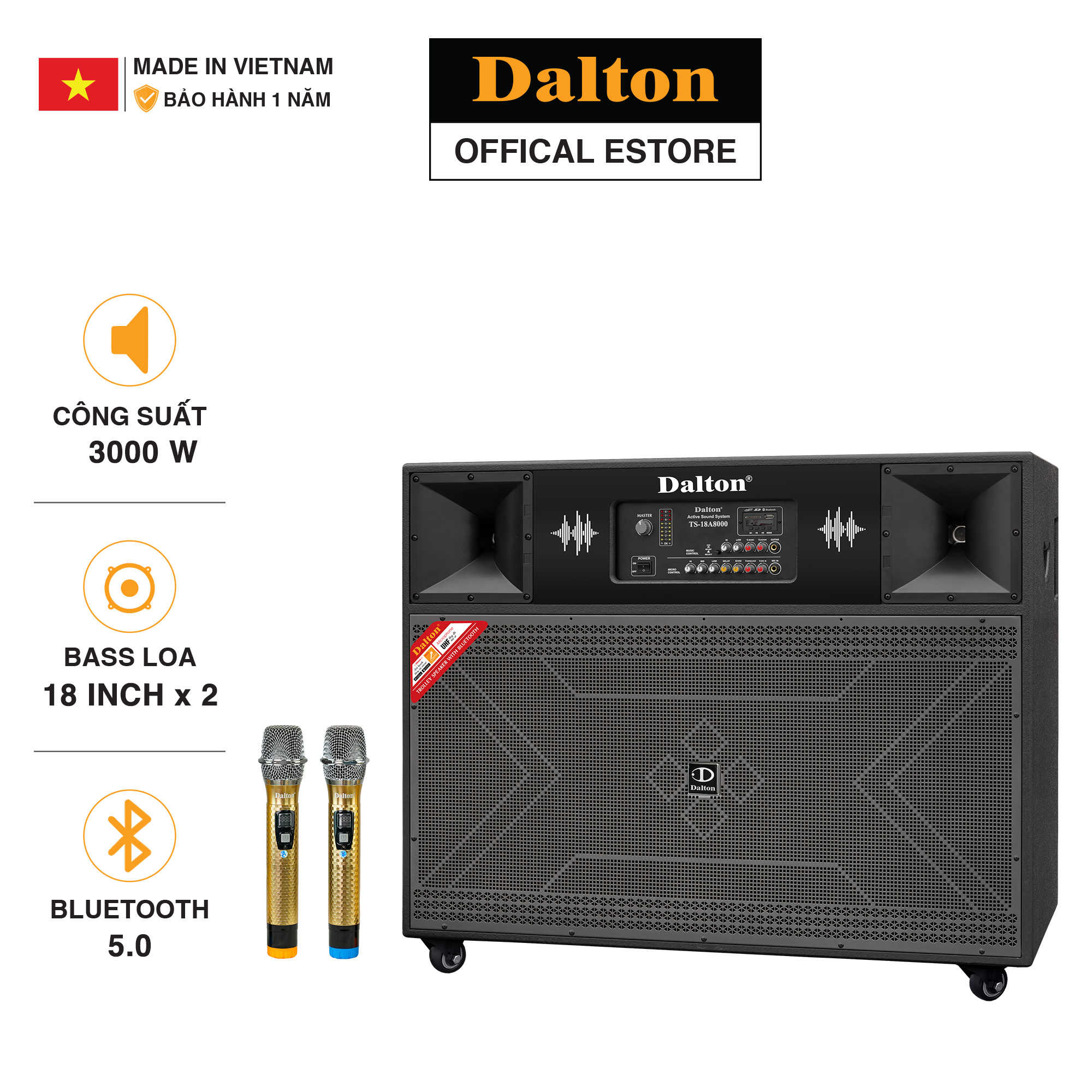 Loa karaoke công suất lớn 3000W, Dalton TS-18A8000 Bass loa 18 inches x 2, hệ thống 4 loa 2 đường tiếng, tặng kèm 2 micro không dây sóng UHF- Bảo hành loa12 tháng. HÀNG CHÍNH HÃNG