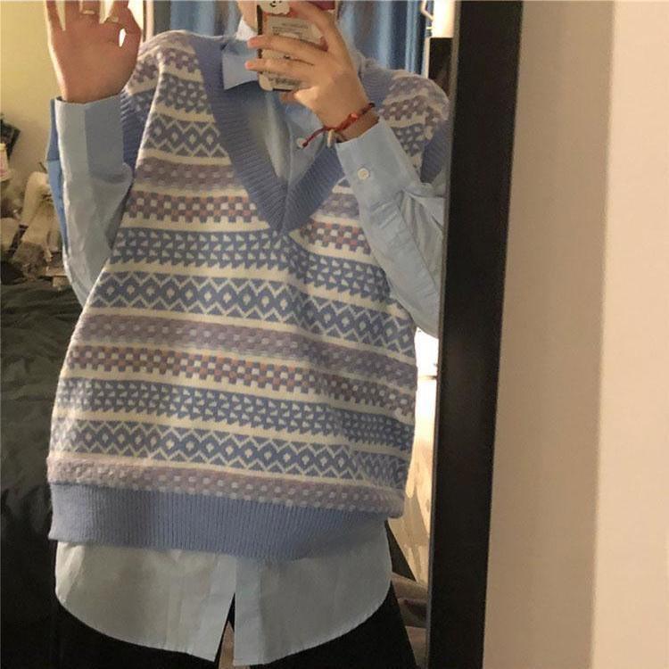 áo gile len kèm áo sơ mi hàn quốc ulzzang nữ dáng rộng cổ v thời trang nam nữ có tách lẻ - 094