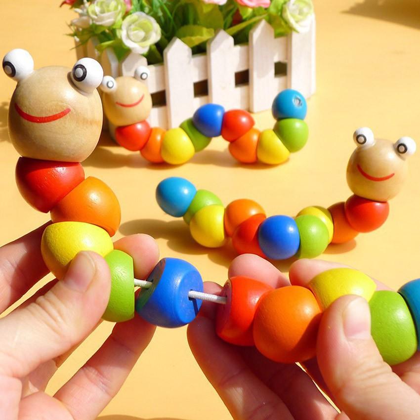 Combo 4 món đồ chơi - luồn hạt - con sâu gỗ - đàn gỗ 8 thanh - tháp 7 màu