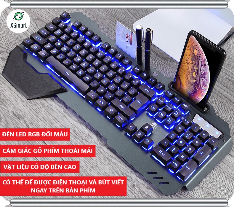 Bộ bàn phím chuột XSmart kèm lót chuột size lớn gaming, phím chuột có đèn LED đổi màu nhiều chế độ khác nhau, K618+V6+ Lót To - Hàng Chính Hãng