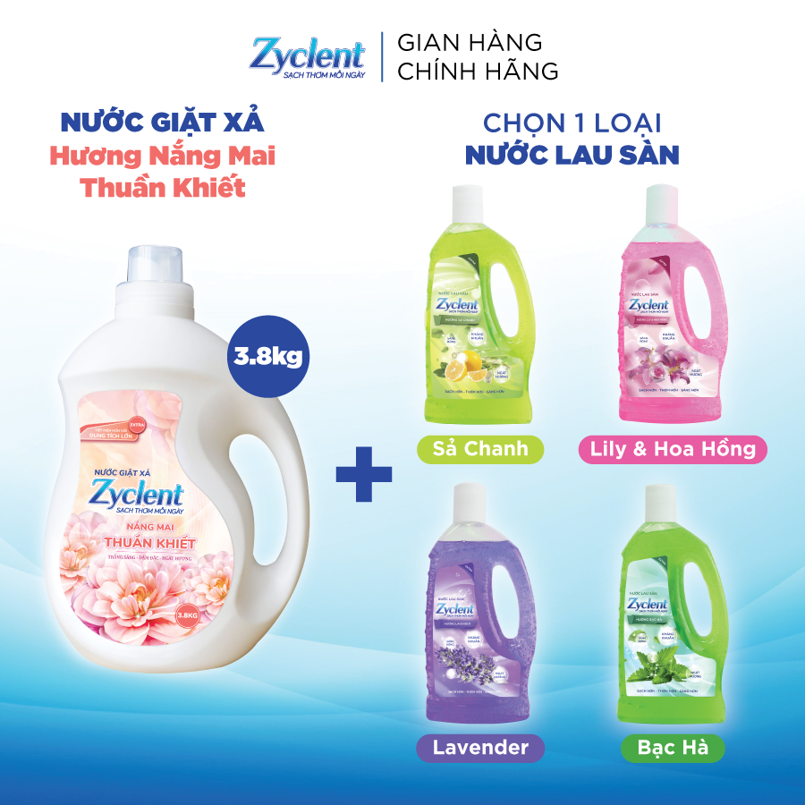 [COMBO TIẾT KIỆM] Nước giặt xả Zyclent Extra 3,8KG + Nước lau sàn Zyclent 1KG (TẶNG Nước rửa chén 425G)