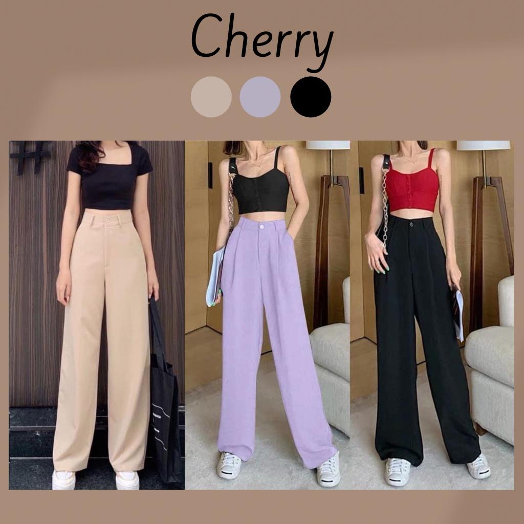 Quần ống rộng nữ lưng cao chất vải tuyết mưa khóa trước 1 khuy culottes CHERRY quần nữ ống suông tôn dáng bigsize T003