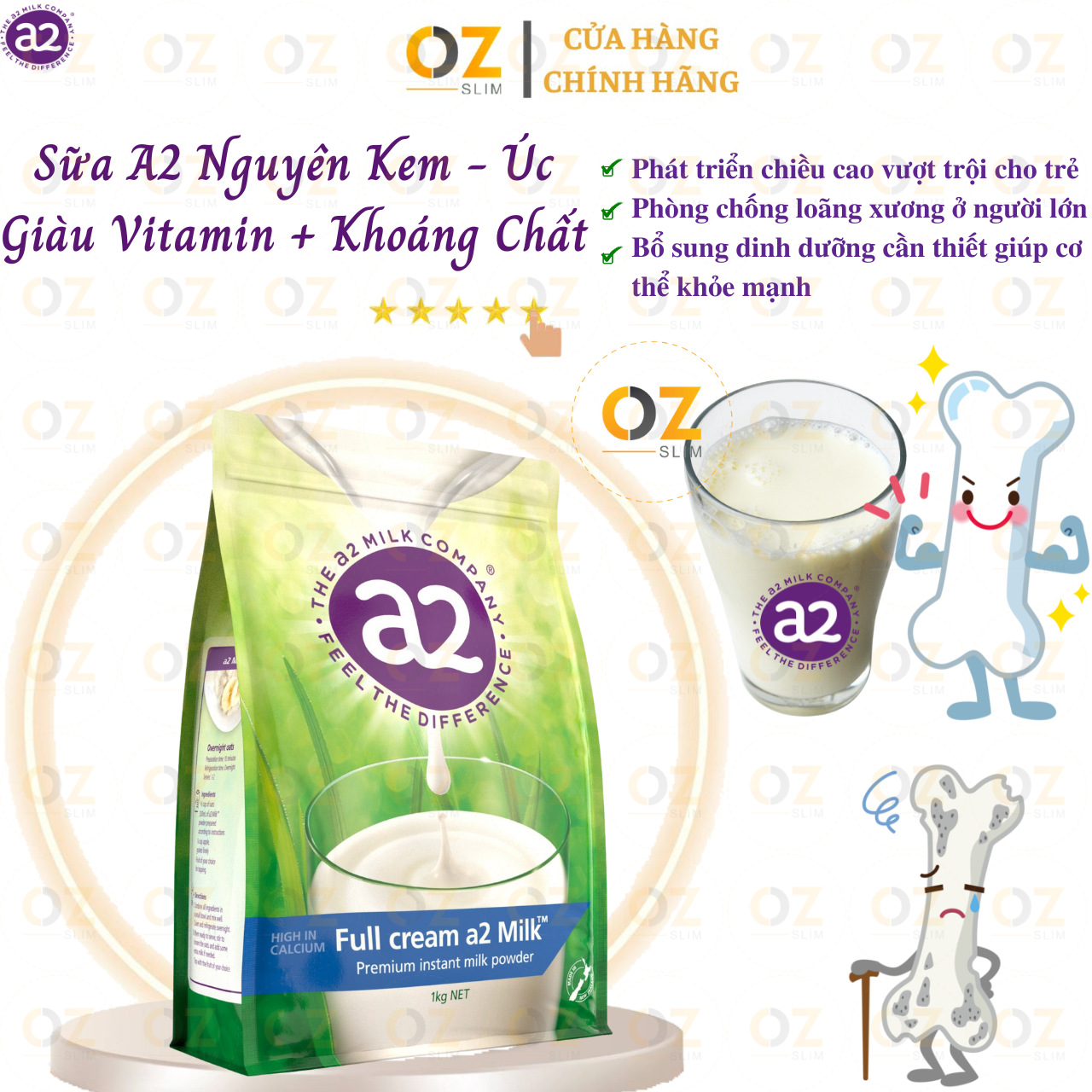 Sữa tăng chiều cao A2 nguyên kem full cream high in calcium phát triển xương, răng ở trẻ, chống loãng xương ở người lớn, tăng sức khỏe - OZ Slim Store