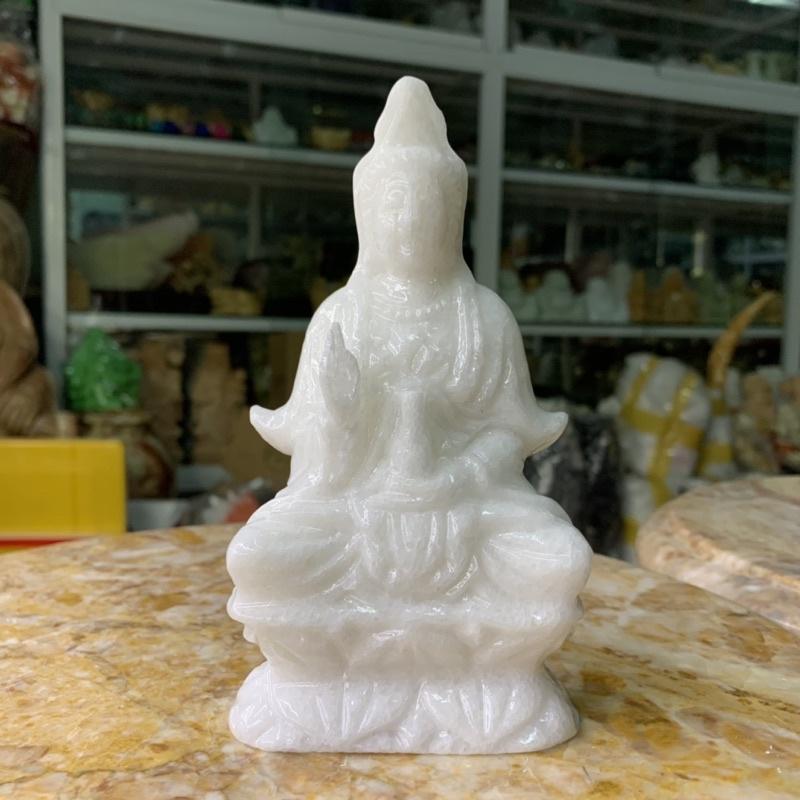 Tượng Phật Quan Âm Đá Cẩm Thạch Trắng - cao 15cm