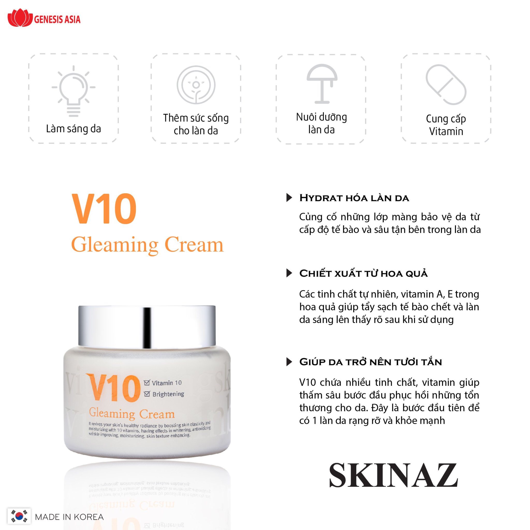 Kem Dưỡng Trắng Da V10 Skinaz Hàn Quốc