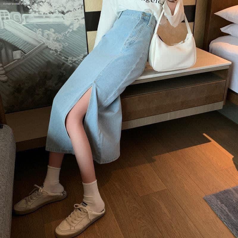 Chân Váy Jeans Nữ Cúc Lệch Xẻ Tà Cạp Cao Dáng Dài 3 Màu Full Size
