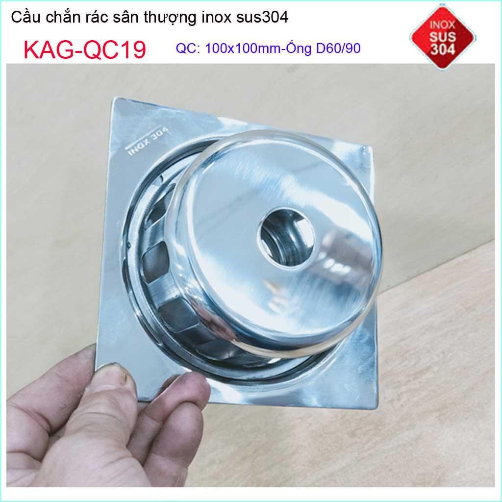 Cầu chắn rác đế vuông 10 x 10cm D60 KAG-QC19, thoát nước sân thượng SUS304 ống 6cm thoát nhanh chắn rác tốt
