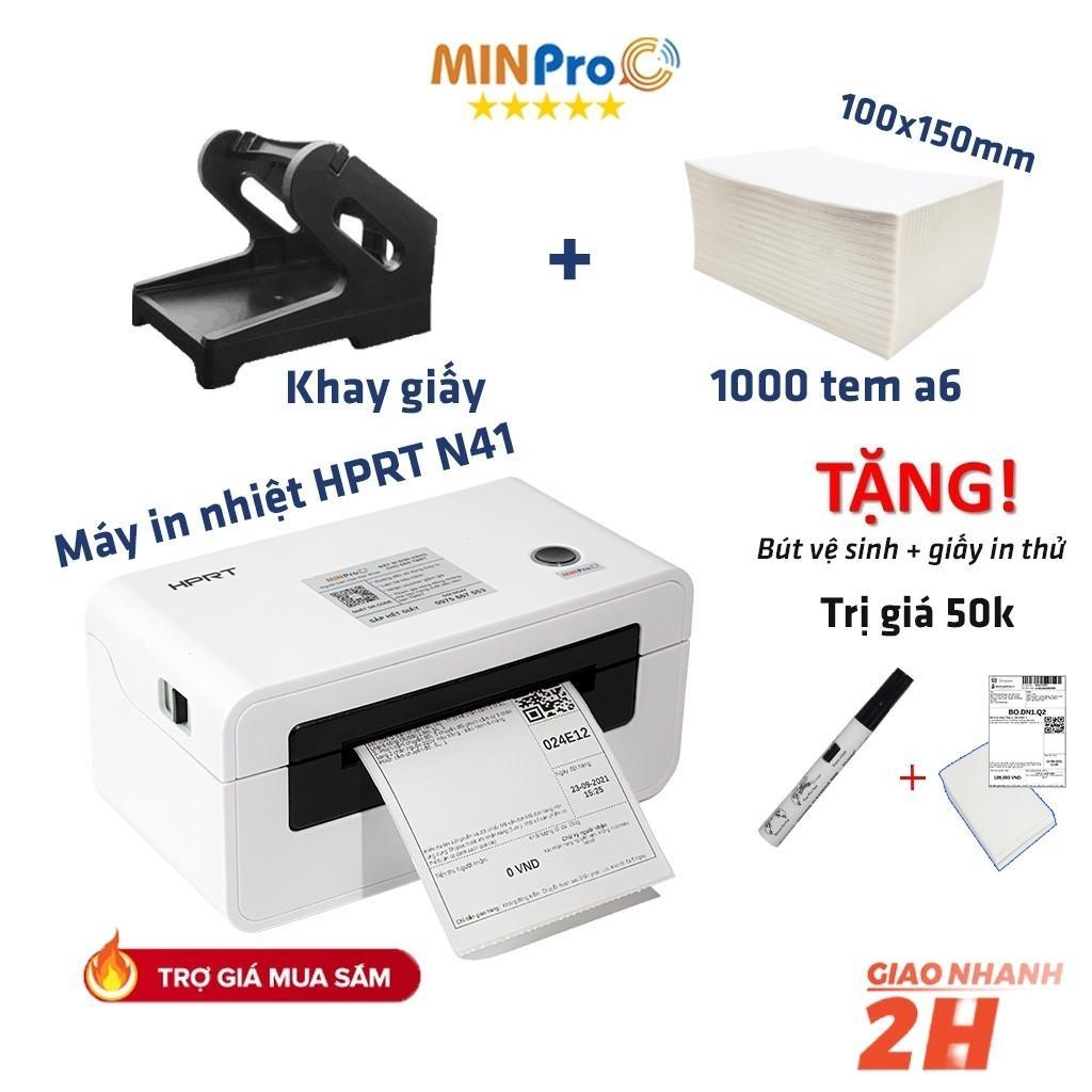 Máy in nhiệt chuyên dụng HPRT N41 in đơn hàng TMĐT kèm khay và 1000 tem giấy khổ A6 100x150 Tặng Bút vệ sinh máy in