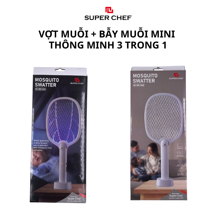 Vợt Muỗi Thông Minh 3 Trong 1 Super Chef Tích Hợp Vợt Bắt Muỗi, Bẫy Muỗi và Đèn Ngủ Siêu Tiện Lợi, An Toàn Giúp Bảo Vệ Giấc Ngủ Gia Đình Bạn