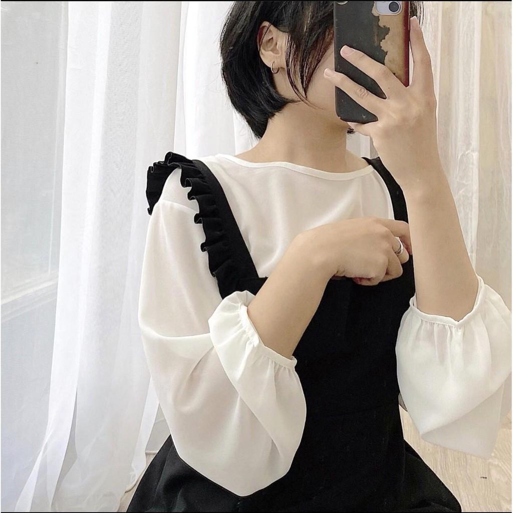 Set váy yếm chun eo kèm áo tay phồng nữ Bộ đồ đầm 2 dây bản to và thun trắng bánh bèo hot girl ulzzang ĐẸP