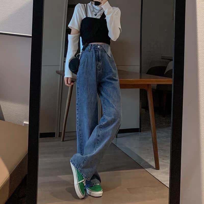 Quần bò ống rộng culottes kiểu dáng ulzzang cho nữ, quần jean ống rộng cạp túi KH097