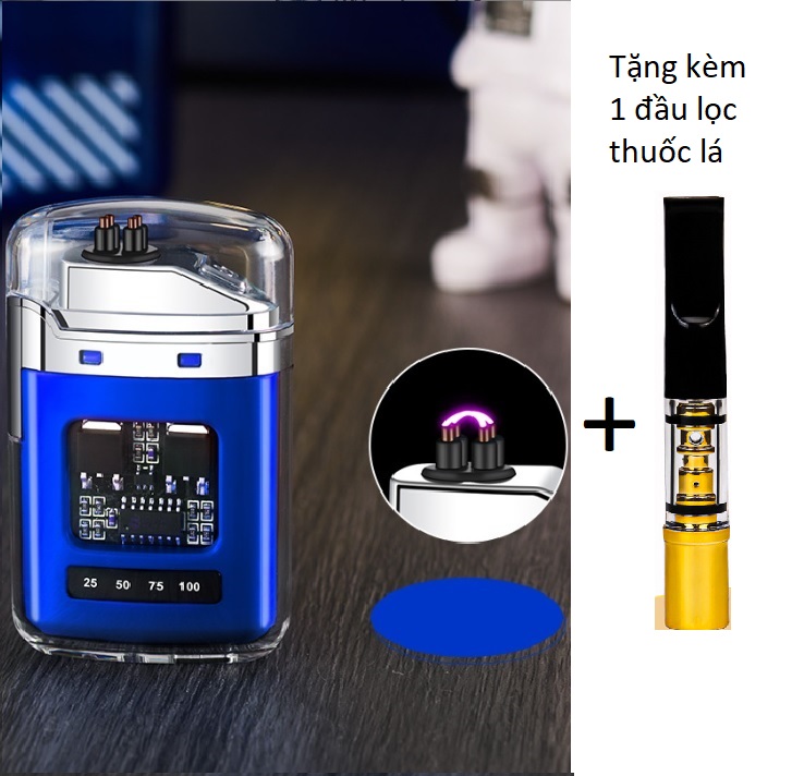 Hột Quẹt điện plasma - Vỏ Trong Suốt - Khởi Động Nút Nhấn, Kèm Sạc Type C + Quà tặng 1 lọc khói vi lọc kép