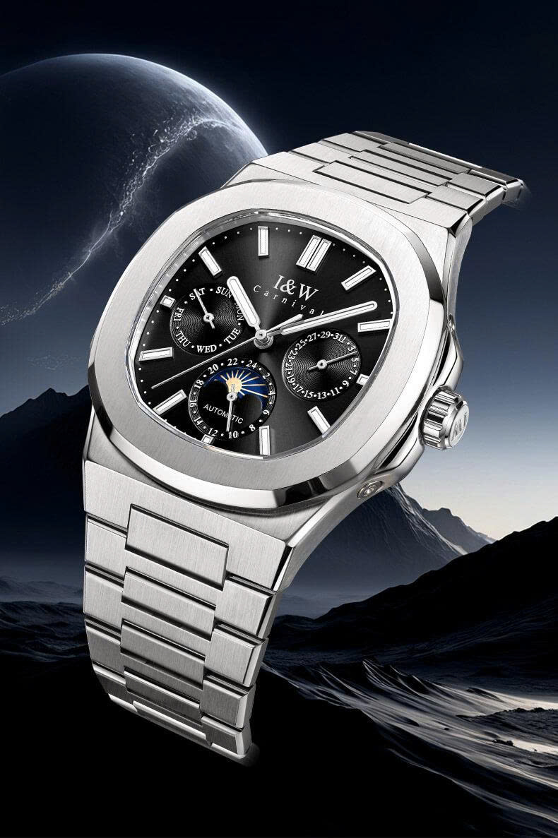 Đồng hồ nam chính hãng I&W CARNIVAL 55886G-2 mặt đen size mặt 42mm,kính sapphire ,chống nước 50m,dây thép không gỉ