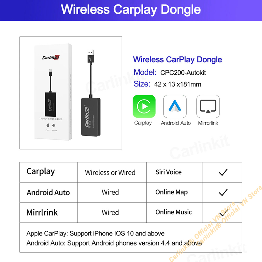 Carlinkit CPC200-AutoKit -Bộ Adapter chuyển đổi Apple Carplay có dây sang Apple Carplay không dây cho xe hơi màn Android.