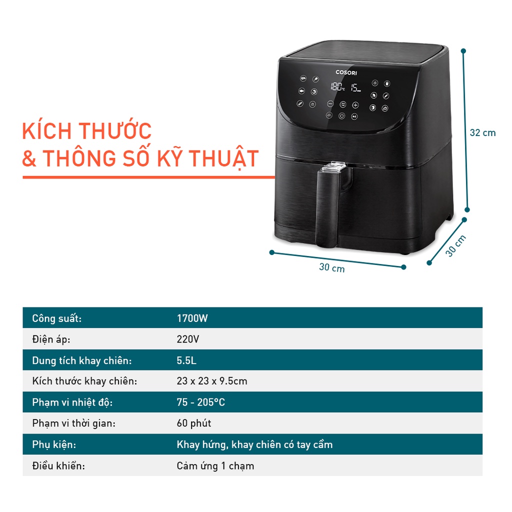 Nồi chiên không dầu điện tử Cosori CP158- AF (5,5 Lít) màu đen - Hàng chính hãng