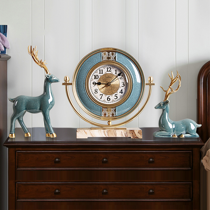Set Đồng hồ để bàn và 2 Tượng Hươu nai phong thủy may mắn decor để bàn đẹp - Đồ decor kệ tủ phòng khách và quà biếu tặng ý nghĩa