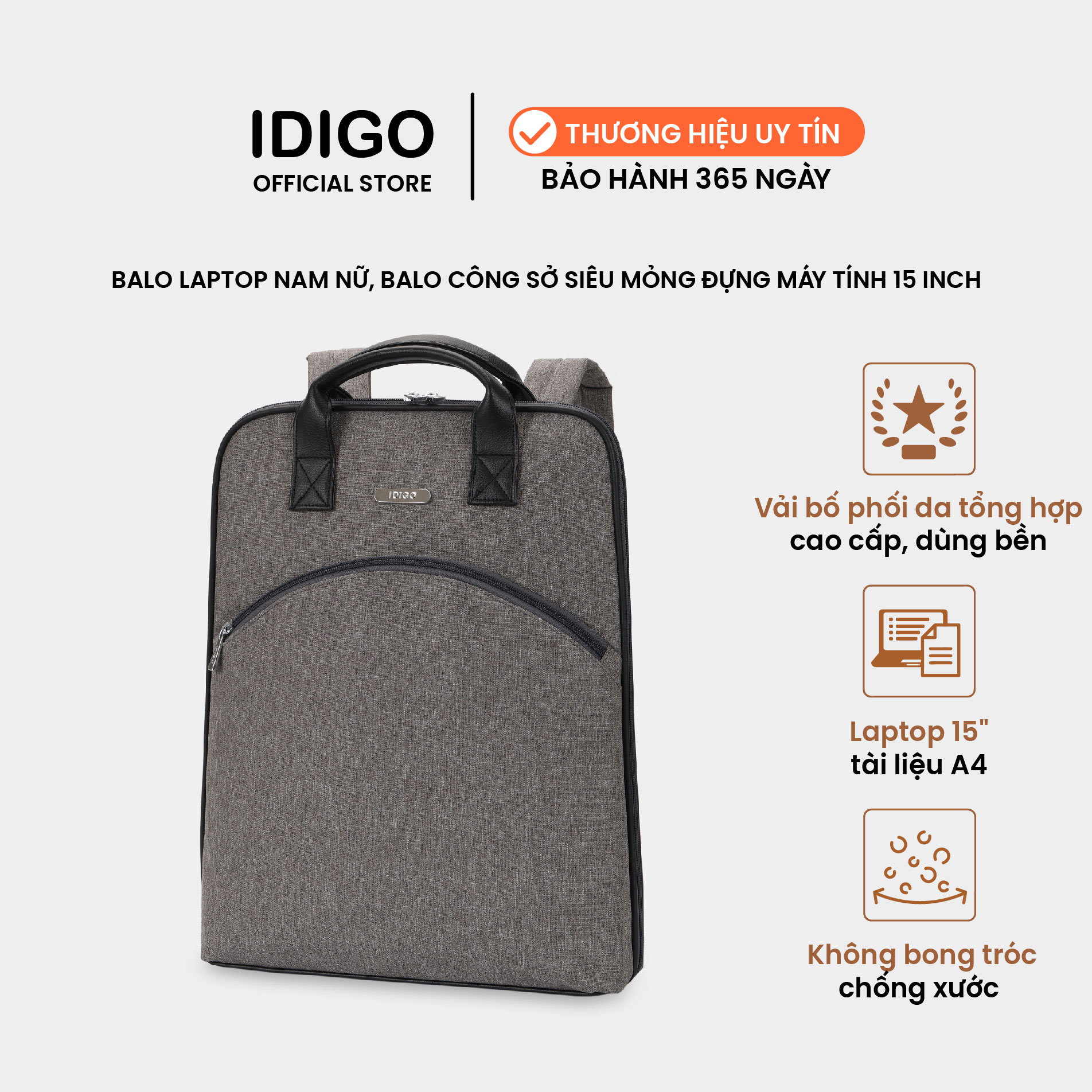 Balo công sở nam nữ đựng được laptop 15 inch, balo đi làm siêu mỏng IDIGO UBP2 - 4326