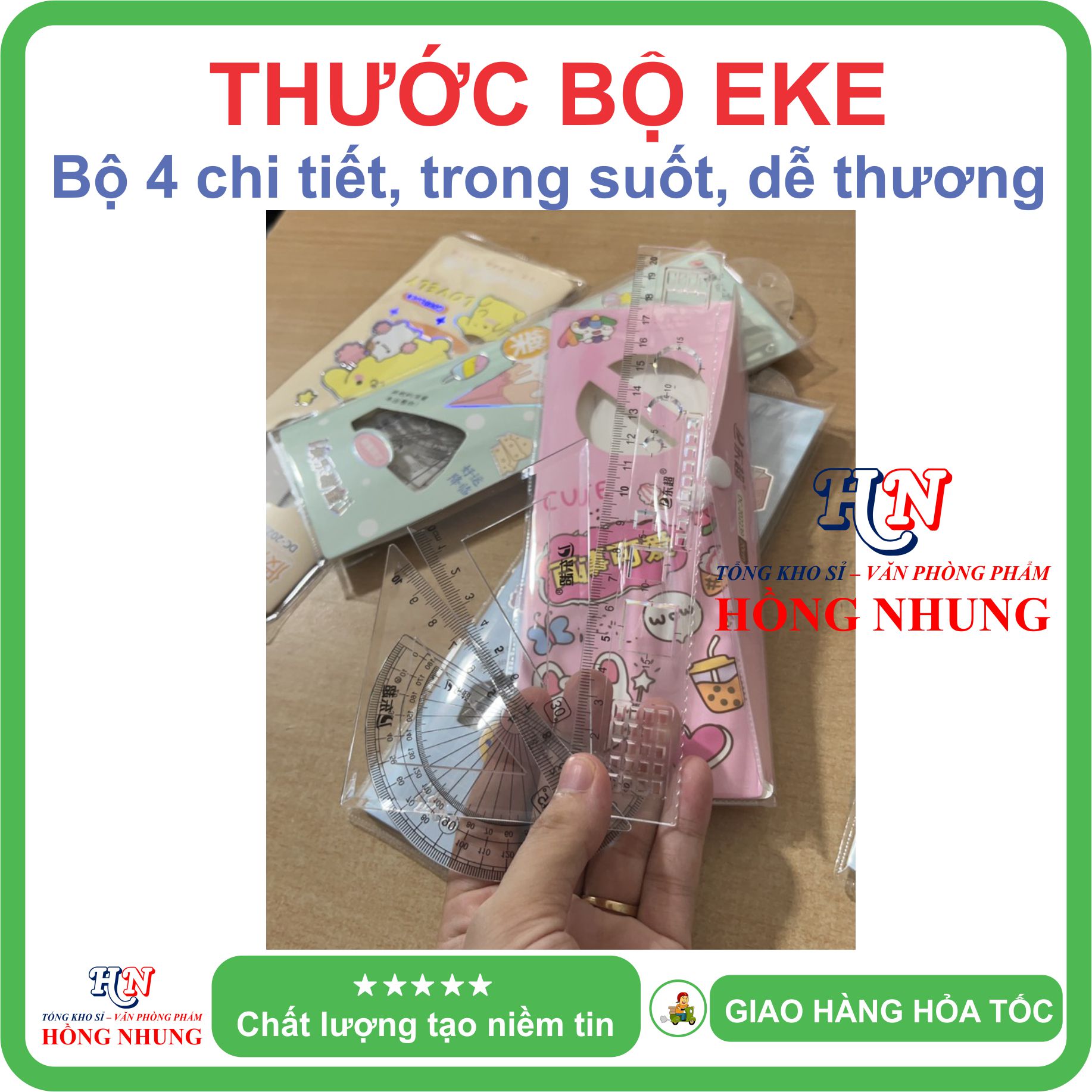 [SALE] Bộ Thước Eke 4 món dễ thương kèm túi, trong suốt, thích hợp cho học sinh để đo vẽ trường tròn, vẽ góc