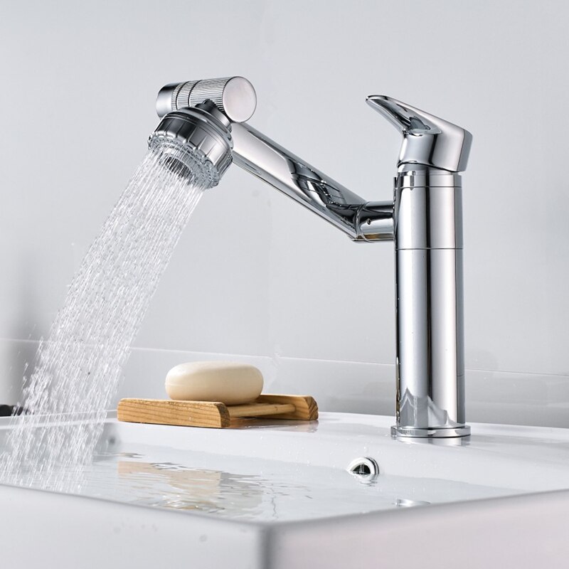 Vòi rửa mặt Lavabo cổ xoay 720 độ đa chiều, củ đồng, thân ngắn, mạ Crom, điều chỉnh nhiều chế độ tia nước Minh House