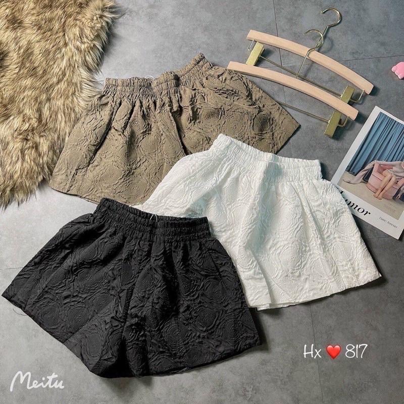 Quần Short xốp dập nổi -sooc ống rộng lưng chun cạp cao in hoa nổi
