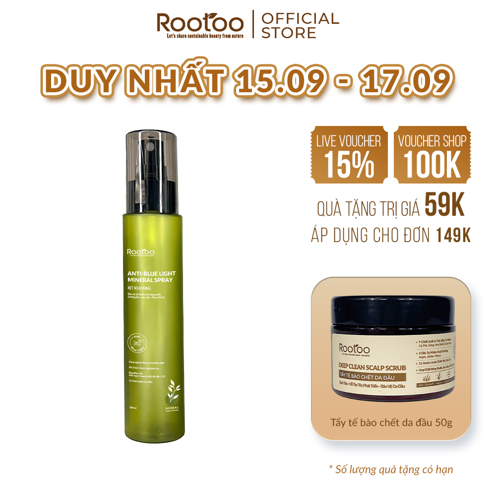 Xịt Khoáng Rootoo Thuần Tự Nhiên Chống Ánh Sáng Xanh, Dưỡng Ẩm, Cân Bằng Độ pH, Se Nhỏ Lỗ Chân Lông, Phục Hồi Da 100ml