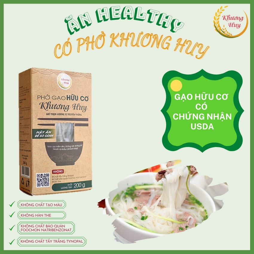 Phở Khô Hữu Cơ Khương Huy/ Phở Gạo Hữu Cơ Khương Huy  - Chỉ 3 Phút Nấu Không Cần Ngâm  - Bún Khô Khương Huy Gói 200g