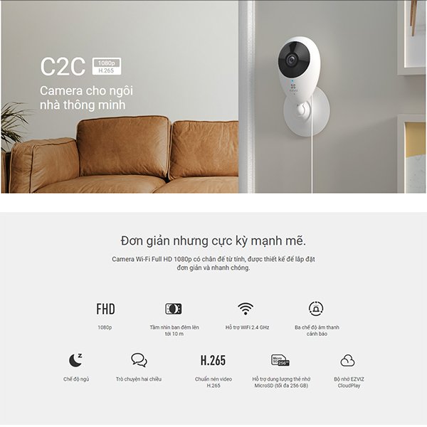 Camera Wi-fi Ezviz C2C 1080P 2MP, Trong Nhà, Đàm Thoại 2 Chiều, Góc Rộng, Nén Video H265 - Hàng Chính Hãng