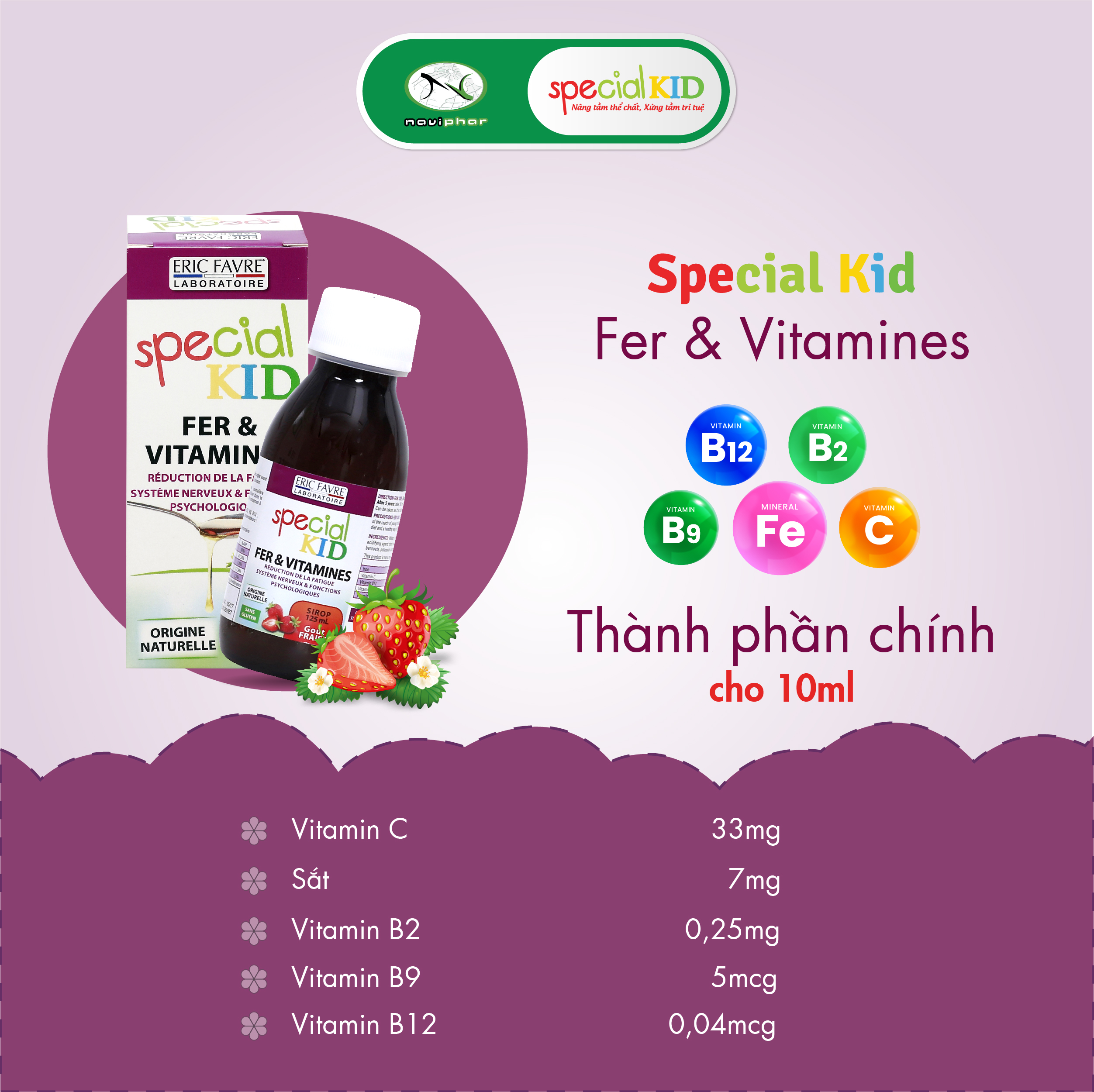 SPECIAL KID FER & VITAMINES - Siro Bổ sung sắt và các vitamin C, B2, B9, B12 - Giúp giảm thiếu máu do thiếu sắt - Nhập khẩu Pháp (125ml)