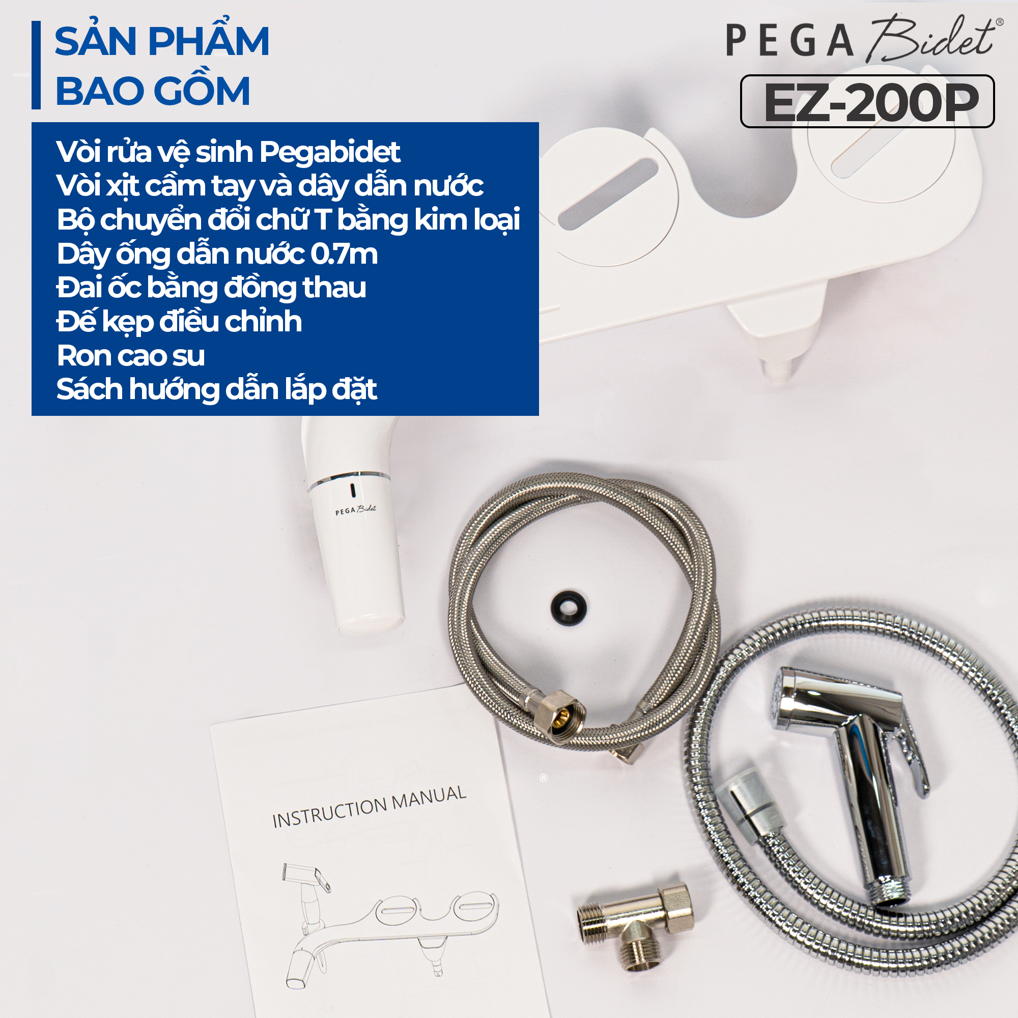 Vòi Xịt Rửa Vệ Sinh Thông Minh PEGA Bidet EZ-200P gắn bồn cầu, Không Dùng Điện, Công Nghệ Mới Siêu Mỏng, 2 Vòi Rửa có Vòi Chuyên Dụng Cho Nữ, Dễ Lắp Đặt, Rất cần cho Trẻ Em, Người Già, Phụ Nữ Mang Thai - Thương Hiệu Mỹ