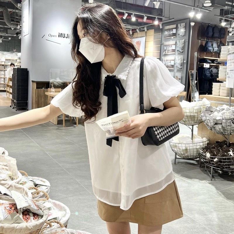 Áo Sơ Mi Babydoll Nữ Voan Tơ Phối Nơ Cổ  Áo Trắng Nữ Cộc Tay Nơ Đính Ngọc Cổ Phối Ren