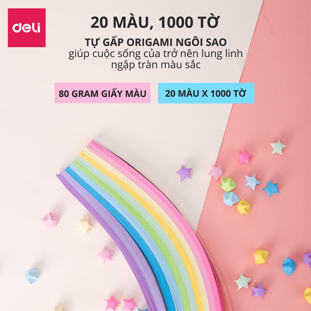 1000 tờ giấy gấp sao nhiều màu Deli - làm quà tặng, origami lucky star paper - 74834/74835