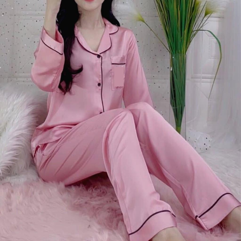 Đồ Bộ Dài Tay Lụa Satin Trơn Phối Viền Đen Trắng Cực Sanh Chảnh Và Đẹp Đồ Bộ Pyjama