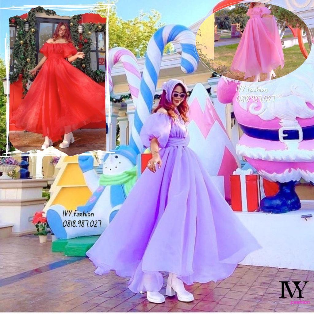 Đầm váy maxi tơ phồng lót lụa mút ngực cổ V tay bồng tím đỏ hồng Ivy.fashion đi biển dự tiệc dạo phố bigsize gợi cảm s