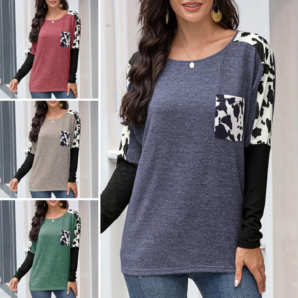 Fashion Women Leopard Print Spliced T-Shirt O Neck Long Sleeve Pocket Casual Shirt Top
