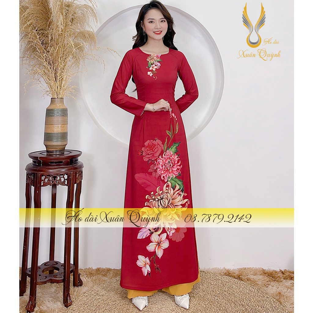 Áo Dài Hoạ Tiết Hoa Cúc Nền Đỏ Đô, Thanh Lịch, Sang Trọng Lụa Habutai Cao Cấp K87