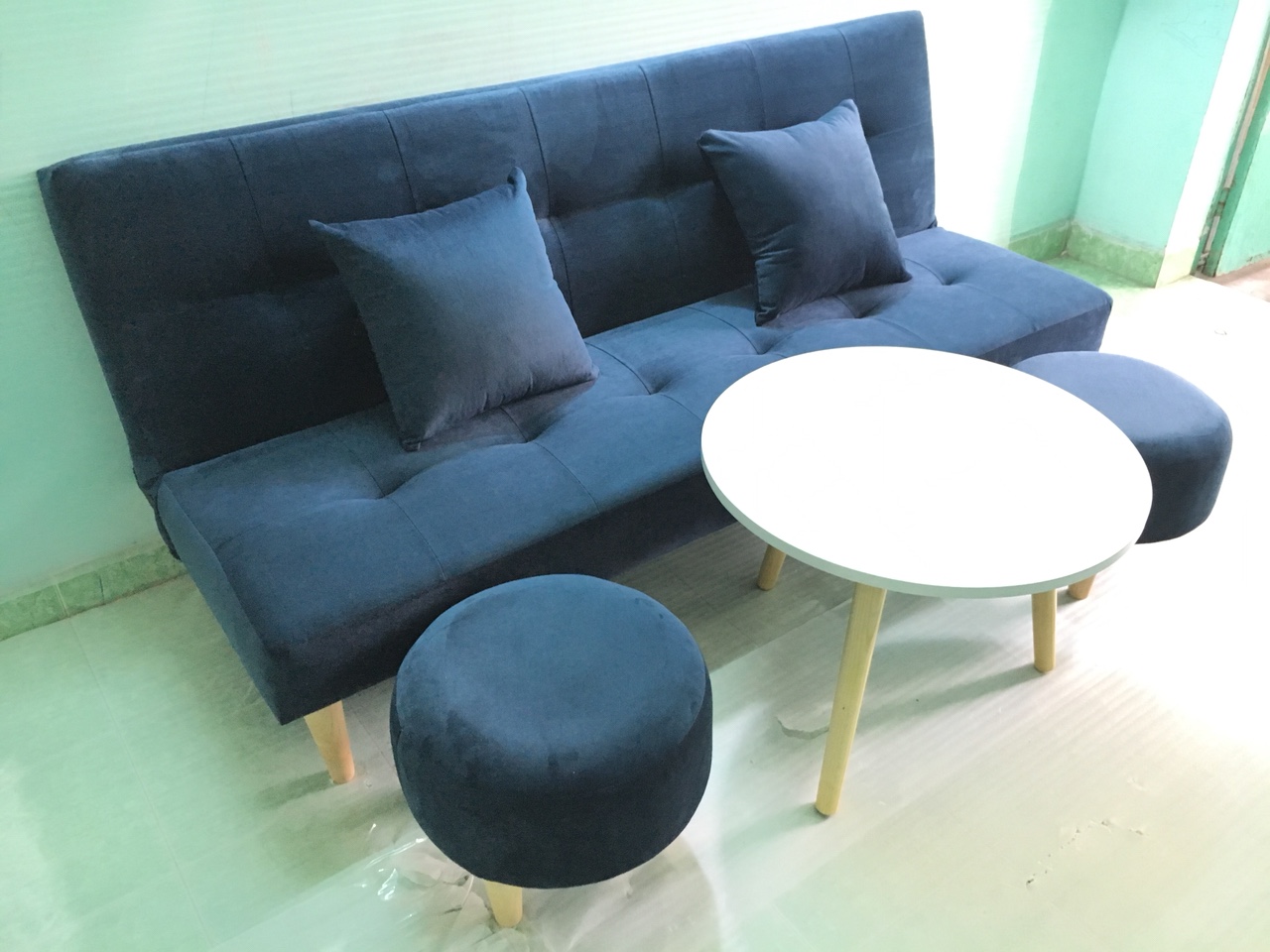 Bộ set sofa bed xanh dương đậm nhung Gvs2DvsB XDDN, sofa giường phòng khách