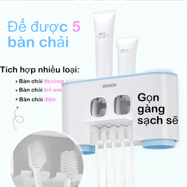 Kệ để và sắp xếp đồ nhà tắm treo tường kiêm 2 dụng cụ nhả kem đánh răng tự động cho người lớn, trẻ em Ecoco cao cấp ƯU ĐÃI LỚN HÔM NAY