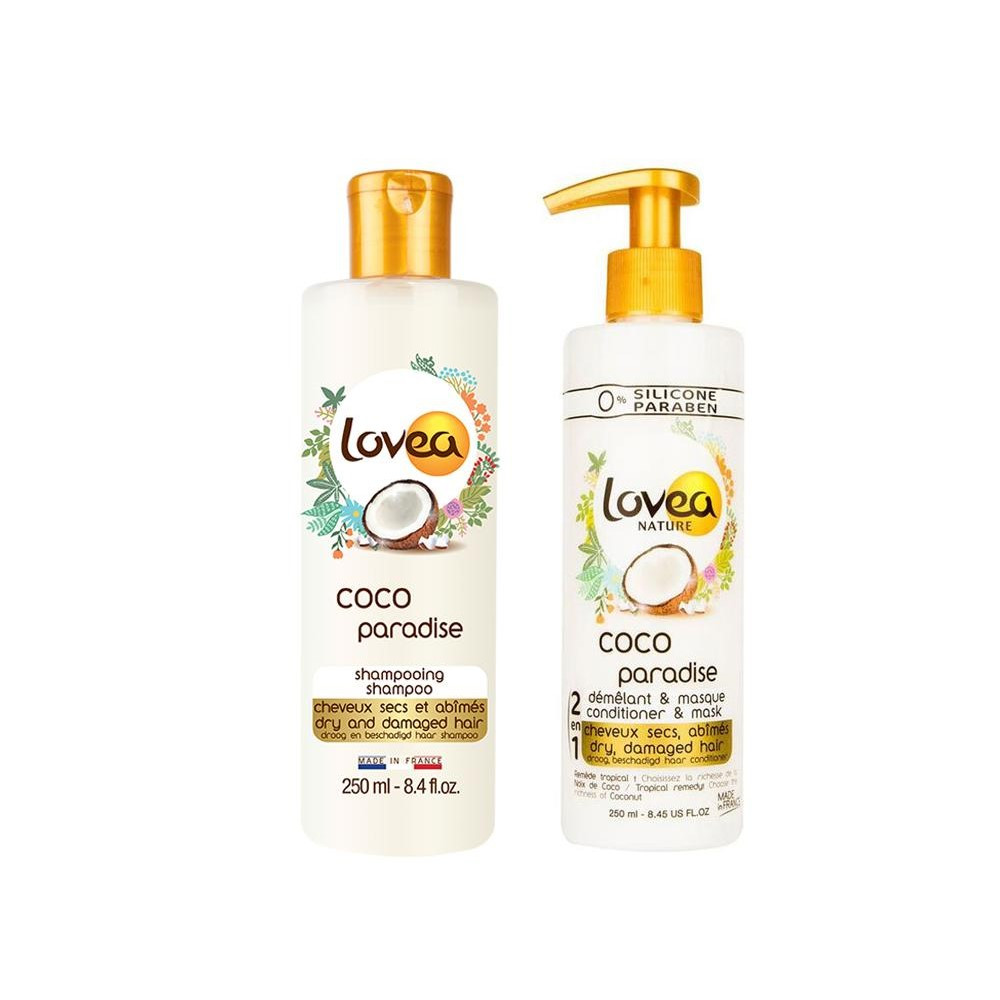 Combo Dầu Gội và Dầu Xả Phục Hồi Tóc Hư Tổn từ Dầu Dừa LOVEA 250ml x2