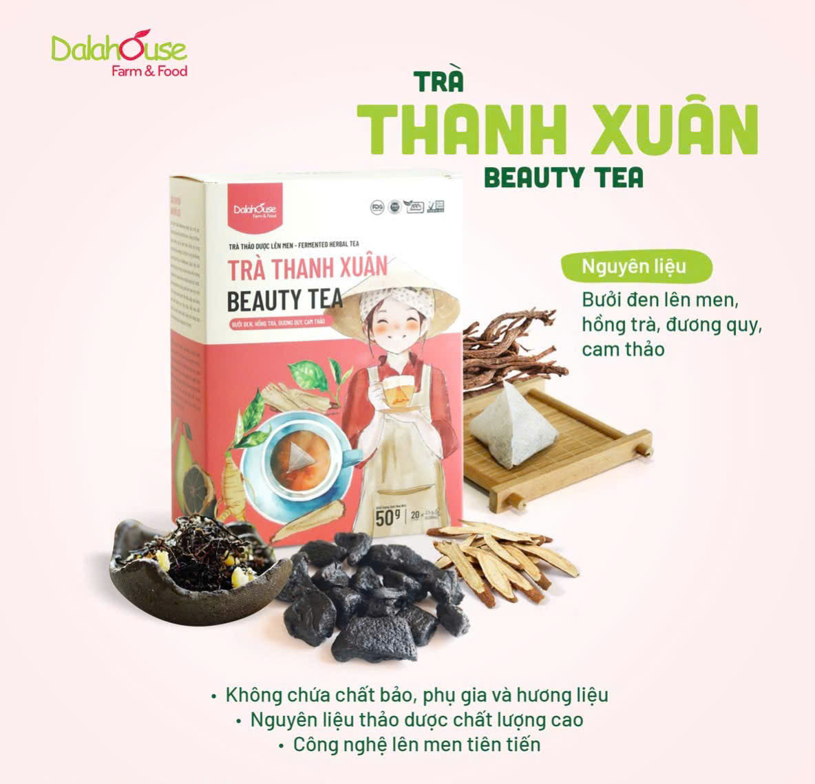 Trà Thanh Xuân Dalahouse Hộp 50g - Thanh Nhiệt, Mát Gan, Cải Thiện Giấc Ngủ, Tốt Cho Tim Mạch, Giảm Cân, Eatclean, Healthy