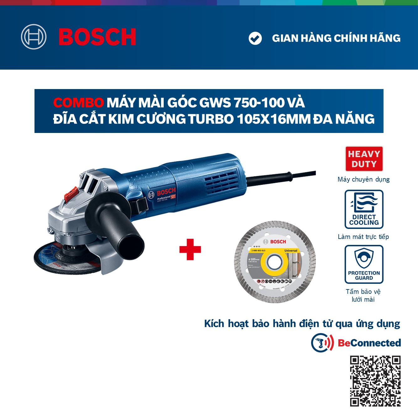 Combo Máy mài góc Bosch GWS 750-100 và Đĩa cắt kim cương Turbo 105x16mm đa năng