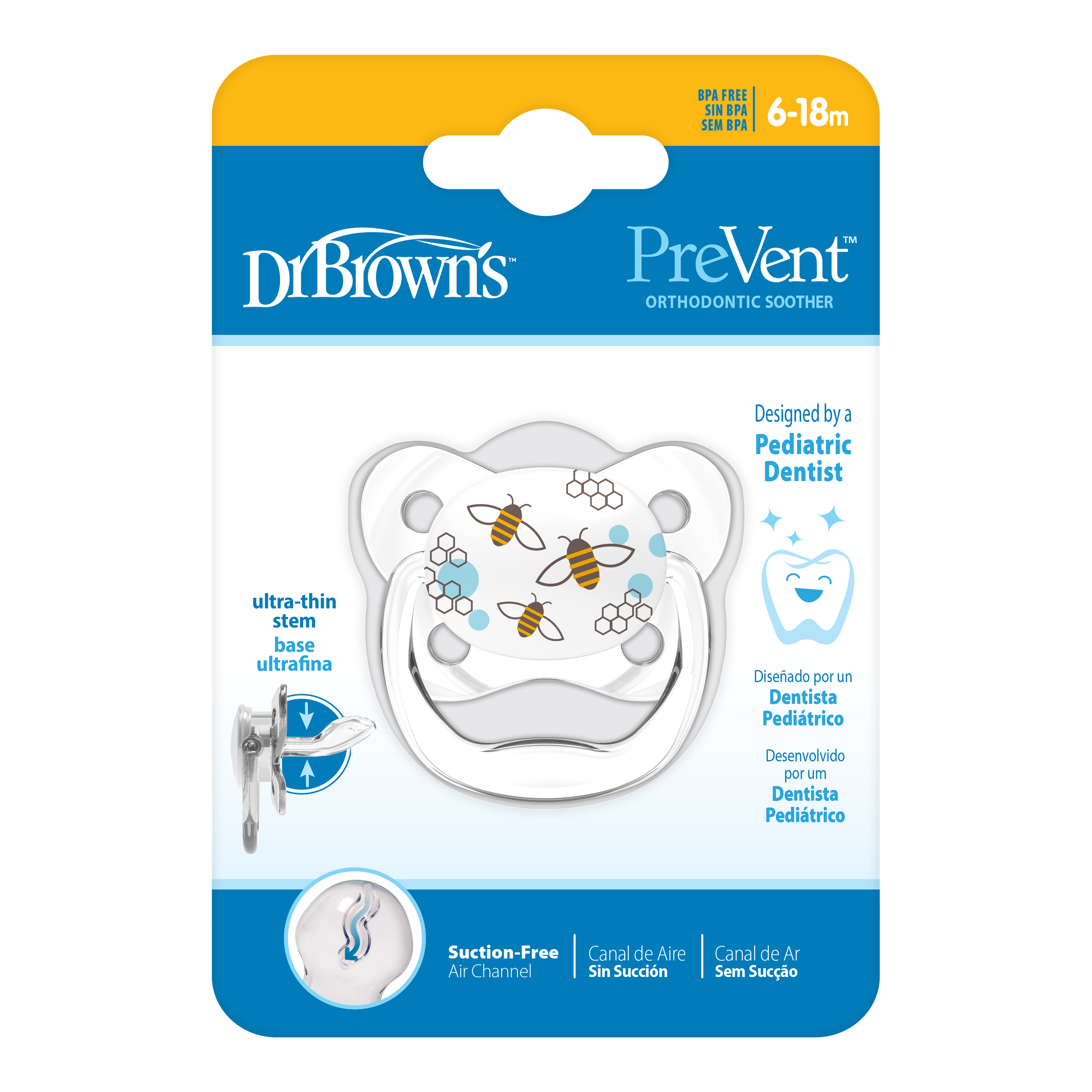 [ PV21404 ] Ty ngậm hỗ trợ chống đột tử/chỉnh nha/chống vẩu Dr.Brown's Prevent hoạ tiết con Ong ( 6-18m )