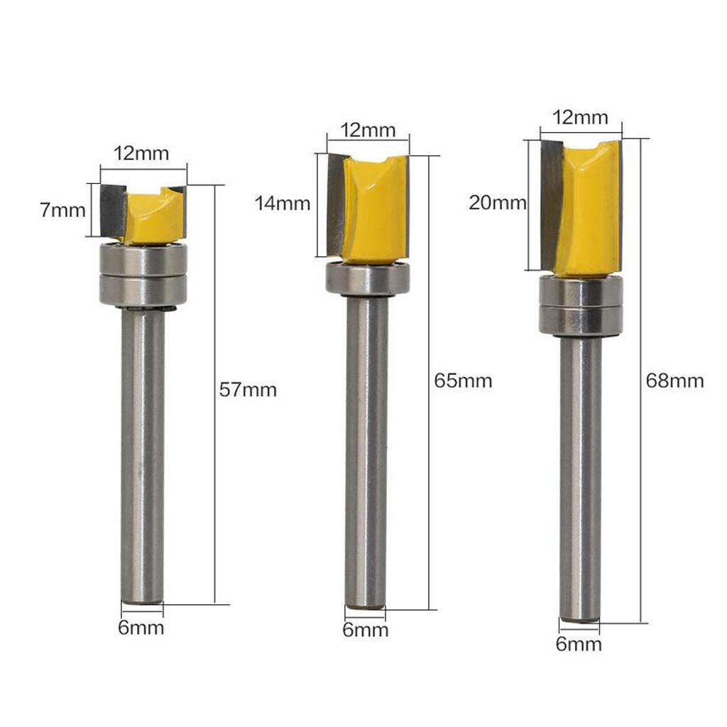 3Pcs Durable Hard Alloy Mortise Template Flush Trim Router Bit Milling Cutter 6mm Shank
