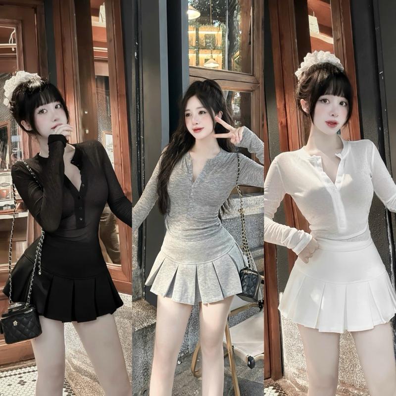 Set áo thun giấy dài tay khuy ngực chân váy ngắn xoè BY JOLIE - Ghi, Ghi