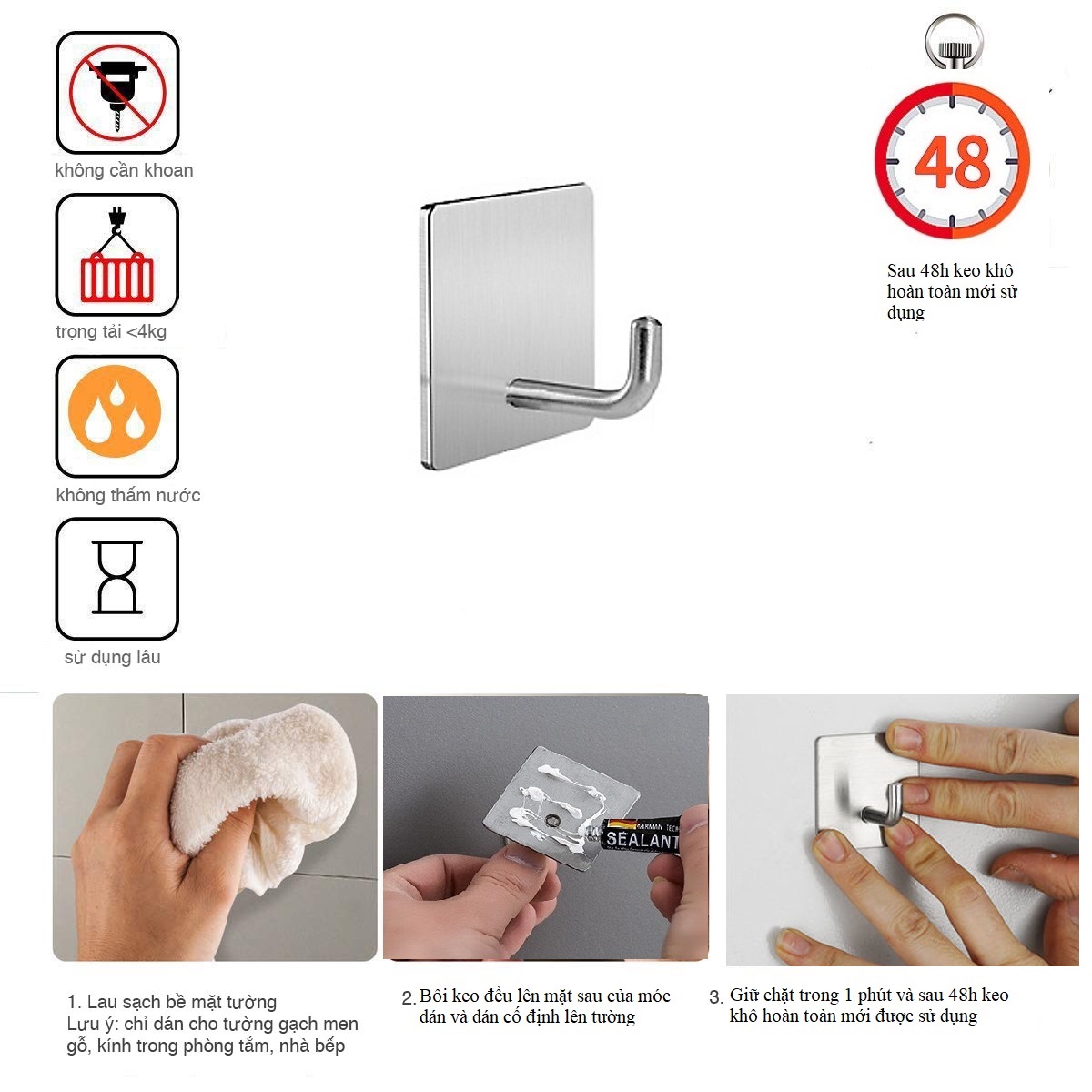 Bộ 5 Móc Dán tường treo đồ vòi voi Đế vuông Inox 304 cao cấp có sẵn keo dán siêu dính