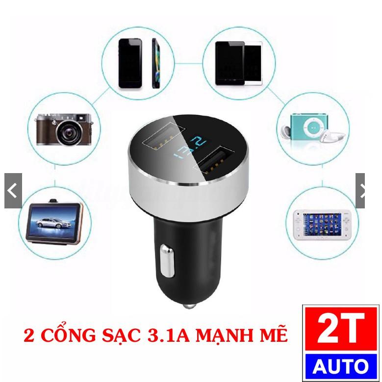 Tẩu sạc 2 cổng USB 3.1A tích hợp vôn kế đo dòng điện ắc quy cho xe hơi phiên bản mới-12V-24V:  SKU:603