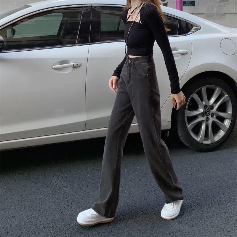 Quần Jeans Màu Đen Khói Nam Nữ Unisex Ống Suông Cạp Cao Chất Loại 1 Phong Cách Ulzzang Mặc Hàng Ngày Đi Học Đi Làm