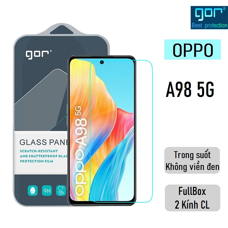 Bộ 2 Kính Cường Lực Gor cho Oppo A98 5G Trong Suốt, Không Viền Đen 9H/ Vát 2.5D - Fullbox.